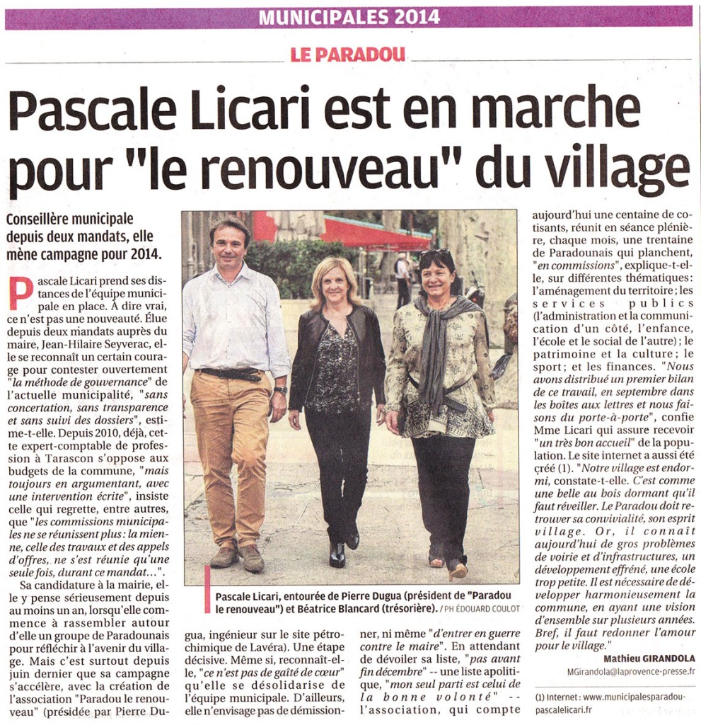  "Pascale LICARI est en marche pour le Renouveau du village" Article de la Provence du 26/10/2013